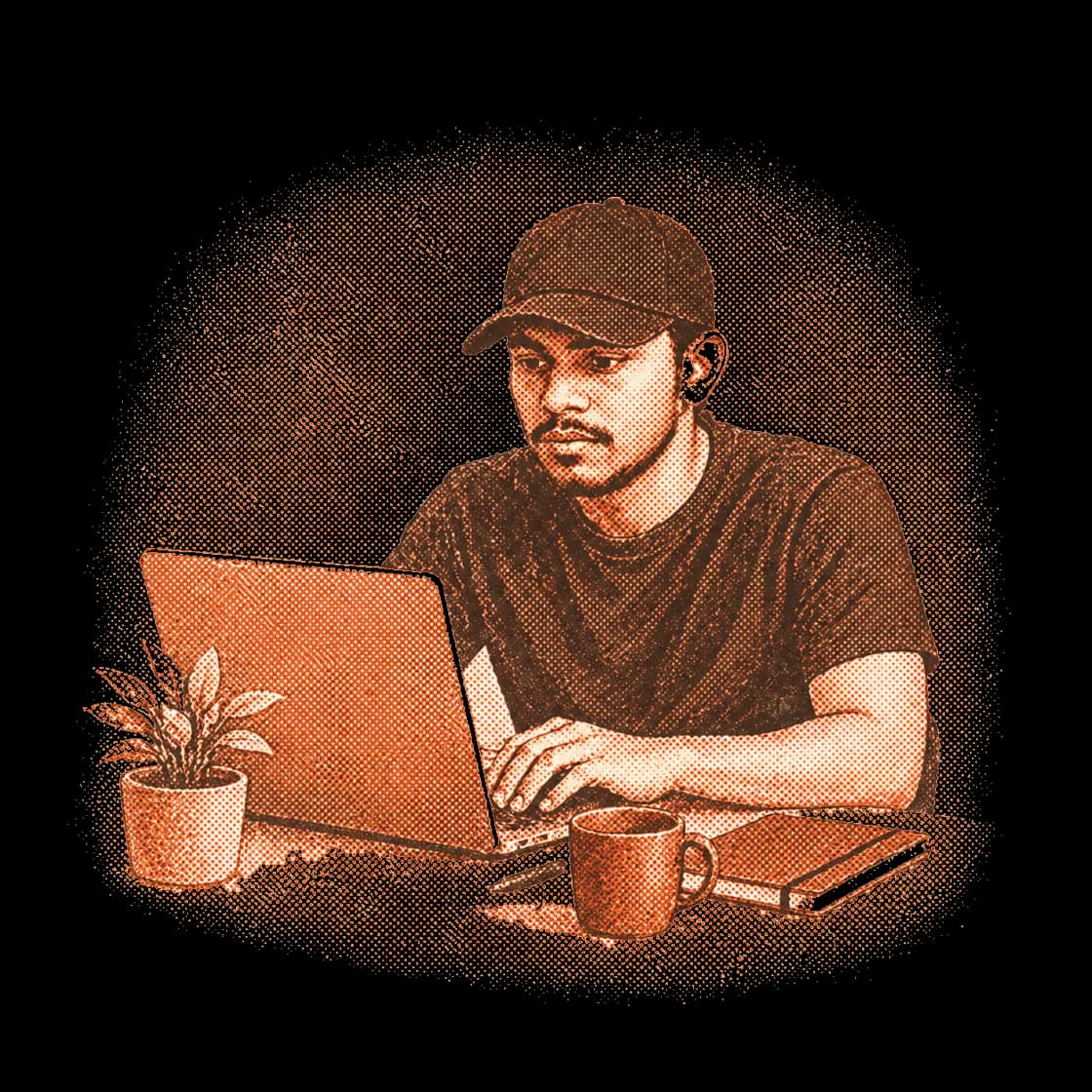 Risograph illustration of Hojayfa working at a laptop.